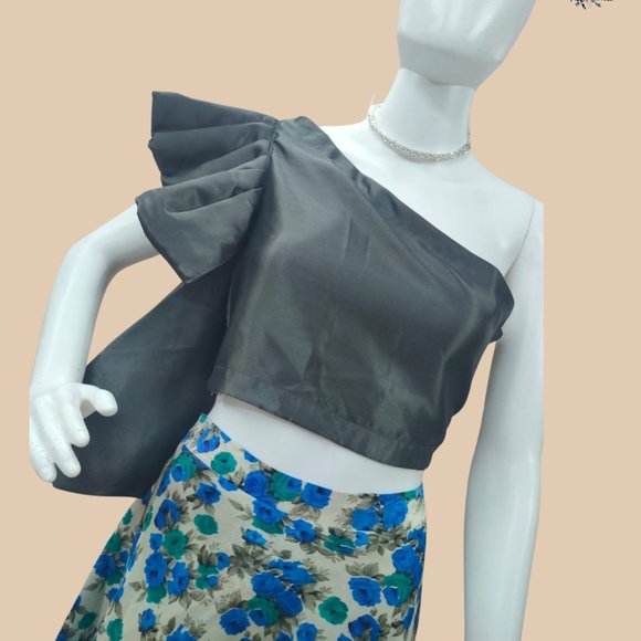 Blue Floral Print Raw Silk Skirt with Crop Top - Picture 2 of 6